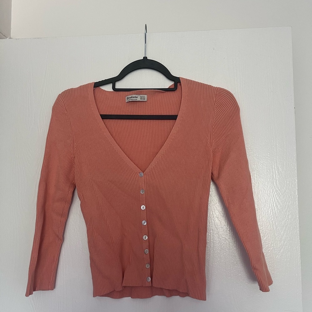 Stradivarius Orange Cardigan Sweater V-Neck Cropped